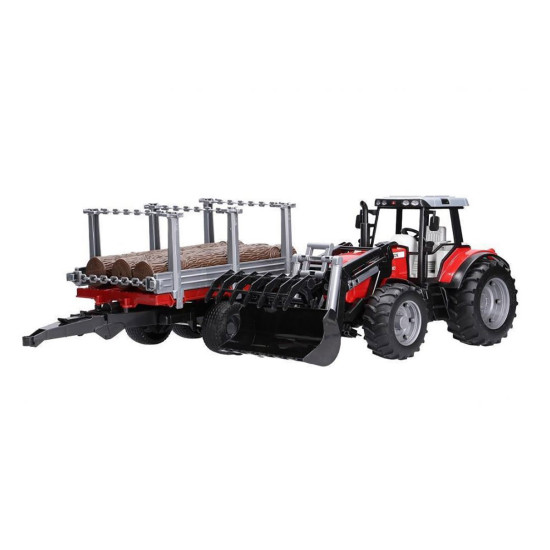 Bruder gozdarski traktor Massey Ferguson s prikolico in hlodi