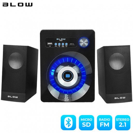 BLOW računalniški zvočniki MS-27, 2.1 Stereo, USB, microSD, Bluetooth, Radio FM, LED osvetlitev, črni BLOW računalniški zvočniki MS-27, 2.1 Stereo, USB, microSD, Bluetooth, Radio FM, LED osvetlitev, črni