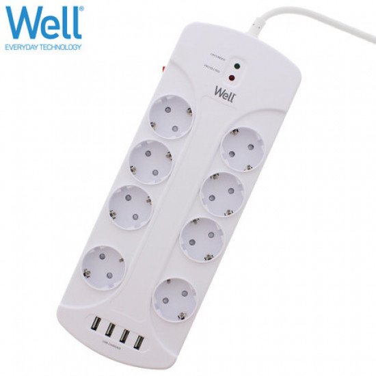 Prenapetostna zaščita WELL EXTS-8S3M, 8x vtičnica 230V + 4x USB, 16A, 3680W, 3m Prenapetostna zaščita WELL EXTS-8S3M, 8x vtičnica 230V + 4x USB, 16A, 3680W, 3m