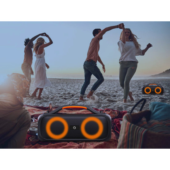 MANTA Boombox SPK216, Bluetooth 5.0, 40W RMS, TWS, polnilna baterija, RGB LED osvetlitev, IPX5 vodoodpornost, USB / AUX, Google Assistant & Siri, črn