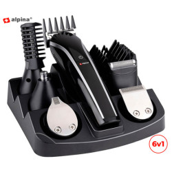 ALPINA 6v1 strižnik / prirezovalnik las in brade, brezžičen, polnilna baterija, priloženi nastavki, črn ALPINA 6v1 strižnik / prirezovalnik las in brade, brezžičen, polnilna baterija, priloženi nastavki, črn