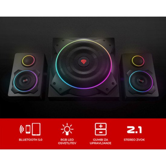 GENESIS HELIUM 800 BT računalniški zvočniki, STEREO 2.1, 60W RMS, RGB LED osvetlitev, Bluetooth 5.0, kontrolna plošča, daljinski upravljalnik, črni GENESIS HELIUM 800 BT računalniški zvočniki, STEREO 2.1, 60W RMS, RGB LED osvetlitev, Bluetooth 5.0, kontrolna plošča, daljinski upravljalnik, črni