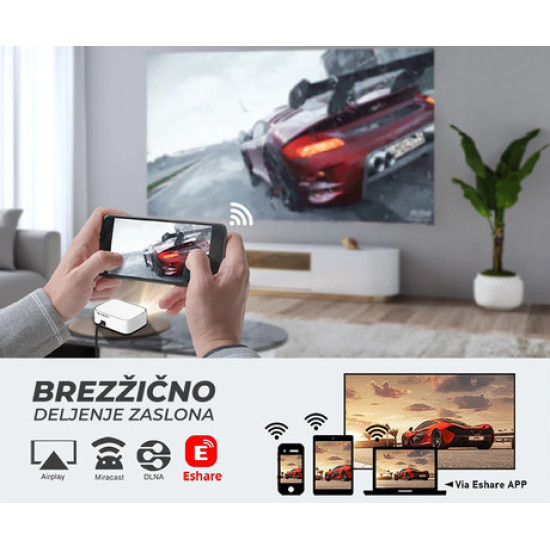 BYINTEK K45 prenosni LED projektor, Full HD 1080p, Android, WiFi, Bluetooth, 700 ANSI lumnov, dvojni zvočniki, max. 4K UHD, HDMI, bel