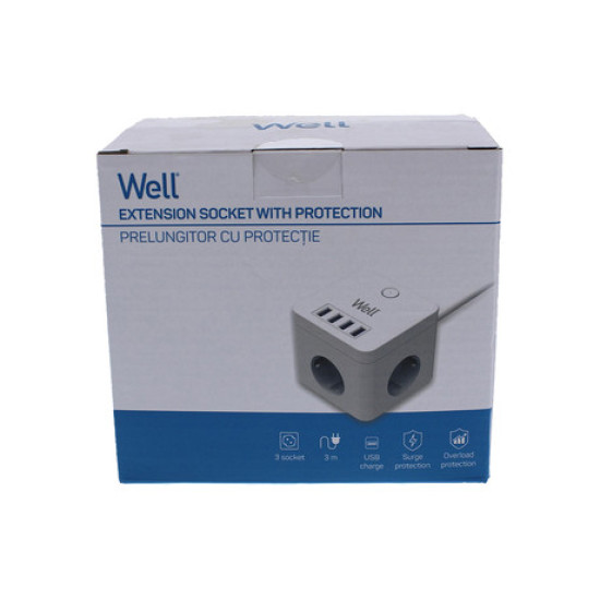 Prenapetostna zaščita EXTS-3S3M-USB4-WL, 3x vtičnica 230V + 4x USB, 16A, 3680W, 3m