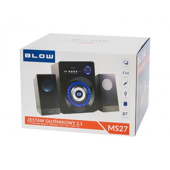 BLOW računalniški zvočniki MS-27, 2.1 Stereo, USB, microSD, Bluetooth, Radio FM, LED osvetlitev, črni BLOW računalniški zvočniki MS-27, 2.1 Stereo, USB, microSD, Bluetooth, Radio FM, LED osvetlitev, črni