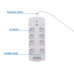 Prenapetostna zaščita WELL EXTS-8S3M, 8x vtičnica 230V + 4x USB, 16A, 3680W, 3m Prenapetostna zaščita WELL EXTS-8S3M, 8x vtičnica 230V + 4x USB, 16A, 3680W, 3m