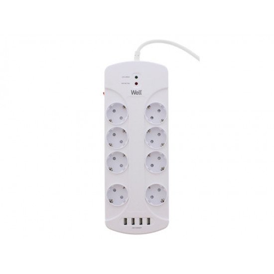 Prenapetostna zaščita WELL EXTS-8S3M, 8x vtičnica 230V + 4x USB, 16A, 3680W, 3m Prenapetostna zaščita WELL EXTS-8S3M, 8x vtičnica 230V + 4x USB, 16A, 3680W, 3m