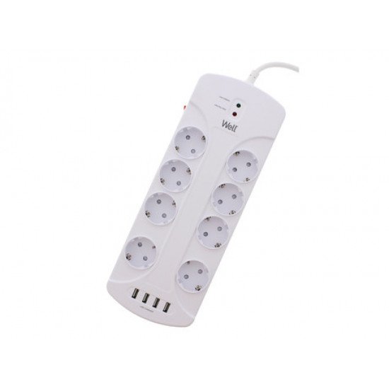 Prenapetostna zaščita WELL EXTS-8S3M, 8x vtičnica 230V + 4x USB, 16A, 3680W, 3m Prenapetostna zaščita WELL EXTS-8S3M, 8x vtičnica 230V + 4x USB, 16A, 3680W, 3m