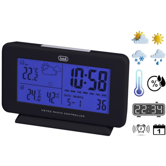 TREVI ME 3P08 RC brezžična vremenska postaja, velik barvni display, alarm, radijsko vodena ura, črna