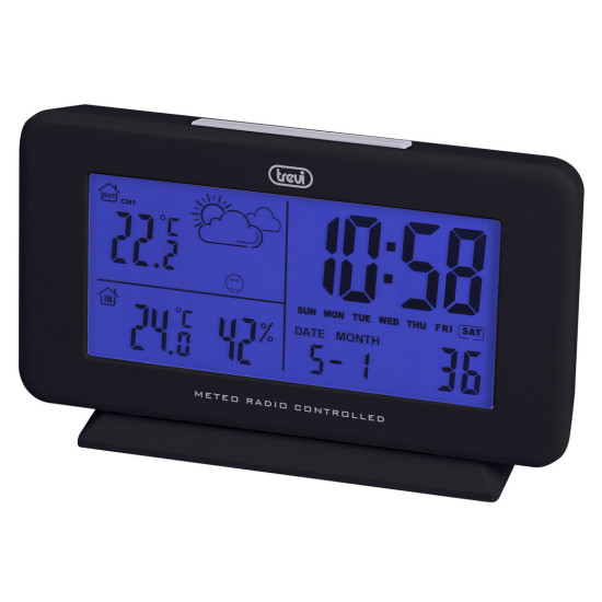 TREVI ME 3P08 RC brezžična vremenska postaja, velik barvni display, alarm, radijsko vodena ura, črna