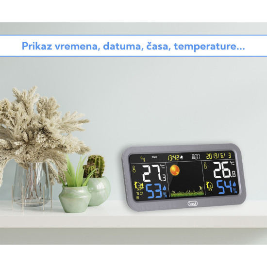 TREVI ME 3P20 RC brezžična vremenska postaja z zunanjim senzorjem, velik barvni zaslon, ura, alarm, barometer, siva