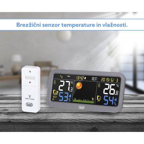 TREVI ME 3P20 RC brezžična vremenska postaja z zunanjim senzorjem, velik barvni zaslon, ura, alarm, barometer, siva