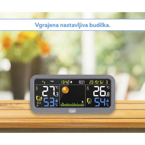 TREVI ME 3P20 RC brezžična vremenska postaja z zunanjim senzorjem, velik barvni zaslon, ura, alarm, barometer, siva