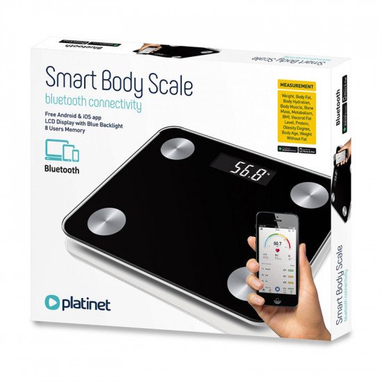 Osebna PAMETNA tehtnica Platinet PBSBTB, Bluetooth, aplikacija Android+IOS, do 180kg, črne barve Osebna PAMETNA tehtnica Platinet PBSBTB, Bluetooth, aplikacija Android+IOS, do 180kg, črne barve
