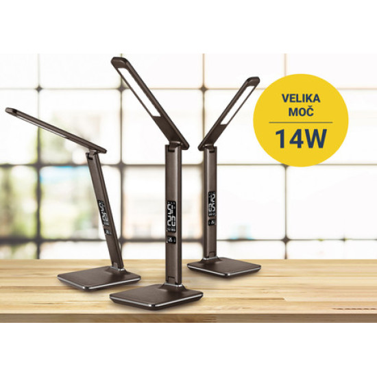 PLATINET PDLU13 usnjena namizna LED svetilka, na dotik, 3 barve/5 stopenj osvetlitve, LCD zaslon, Ura, Temperatura, USB polnilec, rjava
