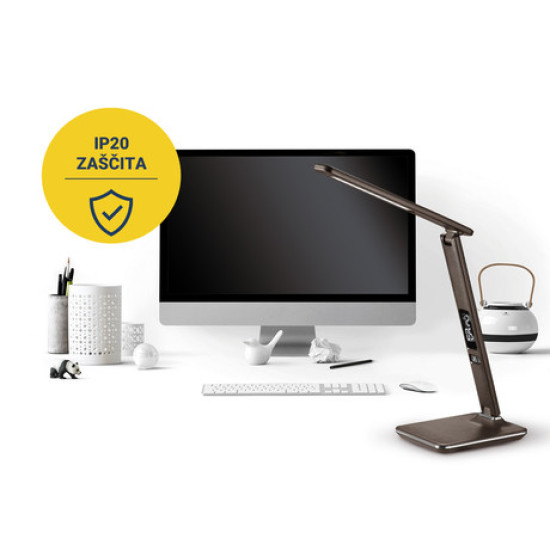 PLATINET PDLU13 usnjena namizna LED svetilka, na dotik, 3 barve/5 stopenj osvetlitve, LCD zaslon, Ura, Temperatura, USB polnilec, rjava