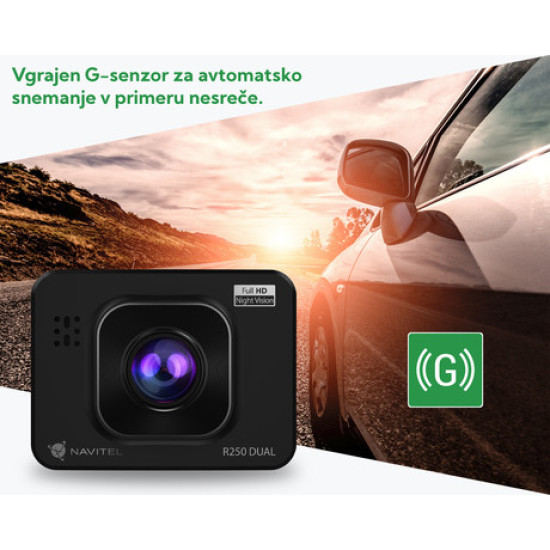 Avto kamera NAVITEL R250 Dual, + vzvratna kamera, Full HD, 2" zaslon, Night Vision, 140° snemalni kot, G-senzor, aplikacija