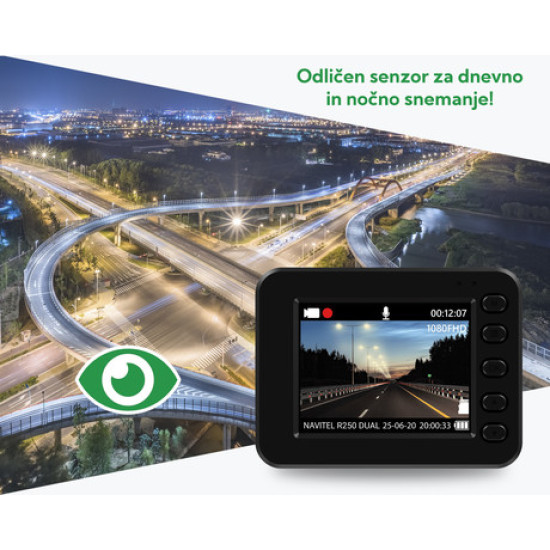 Avto kamera NAVITEL R250 Dual, + vzvratna kamera, Full HD, 2" zaslon, Night Vision, 140° snemalni kot, G-senzor, aplikacija