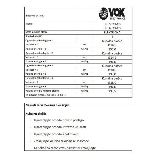VOX električni štedilnik EHT 6020 WG (4x elektrika)