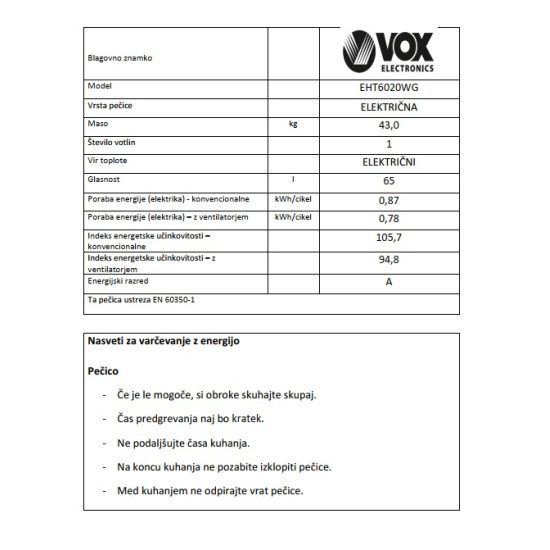 VOX električni štedilnik EHT 6020 WG (4x elektrika)