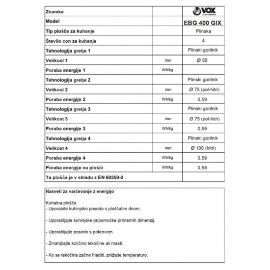 VOX vgradna kuhalna plošča EBG 400 GIX VOX vgradna kuhalna plošča EBG 400 GIX