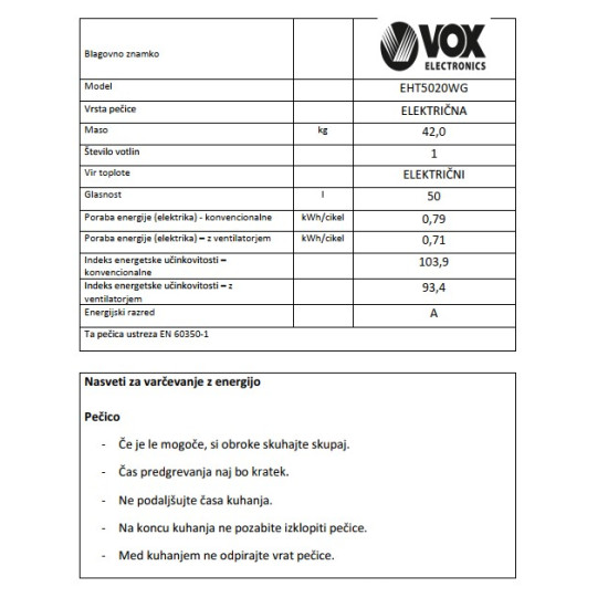 VOX električni štedilnik EHT 5020 WG (4x elektrika)