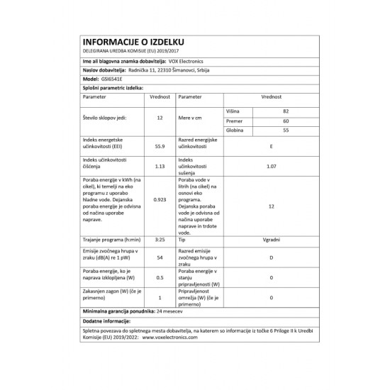 VOX vgradni pomivalni stroj GSI 6541 E [E, 12 pogr., 5 programov]