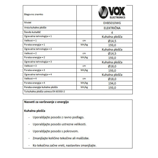 VOX električni štedilnik EHB 5010 WG (4x elektrika)