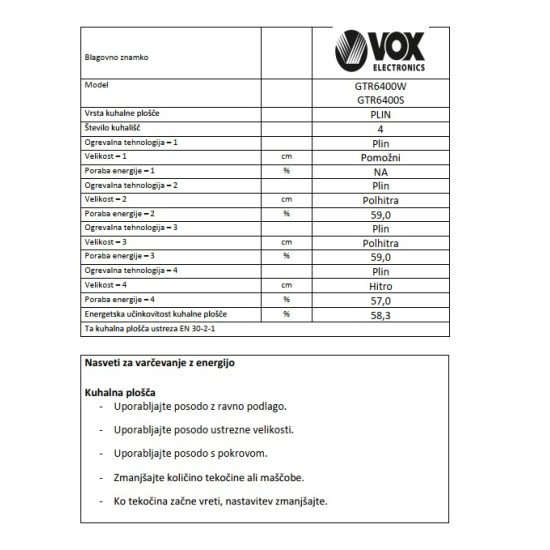 VOX plinski štedilnik GTR 6400 S (4x plin) VOX plinski štedilnik GTR 6400 S (4x plin)