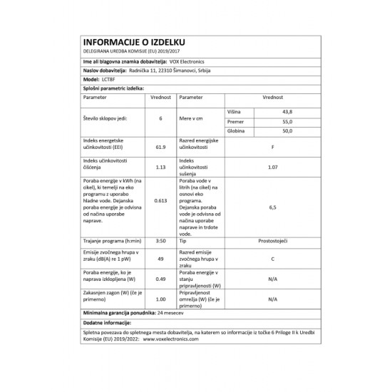 VOX namizni pomivalni stroj LC T8 F [F, 6 pogr., 5 programov, zaslon, bel]