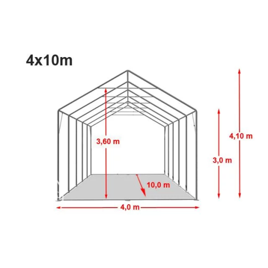 Skladiščni šotor hala 4x10 m - stranska višina 3,0 m z zadrgo, PVC 850
