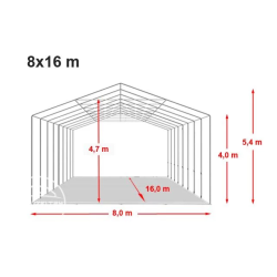 Skladiščni šotor hala 8x16 m - stranska višina 4,0 m z zadrgo, ponjava PRIMEtex 2300, negorljiv Skladiščni šotor hala 8x16 m - stranska višina 4,0 m z zadrgo, ponjava PRIMEtex 2300, negorljiv