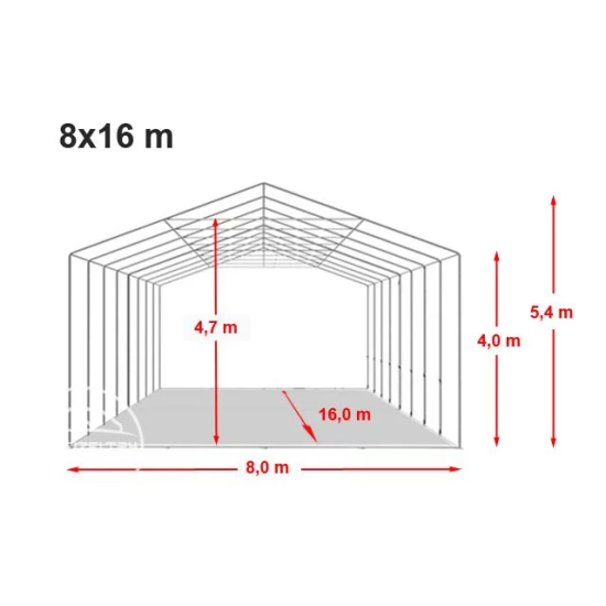 Skladiščni šotor hala 8x16 m - stranska višina 4,0 m z zadrgo, ponjava PRIMEtex 2300, negorljiv
