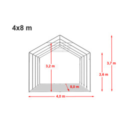 Skladiščni šotor 4x8 m - stranska višina 2,6 m, PVC 800, z osnovnim okvirjem Skladiščni šotor 4x8 m - stranska višina 2,6 m, PVC 800, z osnovnim okvirjem