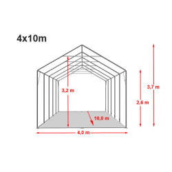 Skladiščni šotor 4x10 m - stranska višina 2,6 m, PVC 800, s talnim okvirjem Skladiščni šotor 4x10 m - stranska višina 2,6 m, PVC 800, s talnim okvirjem