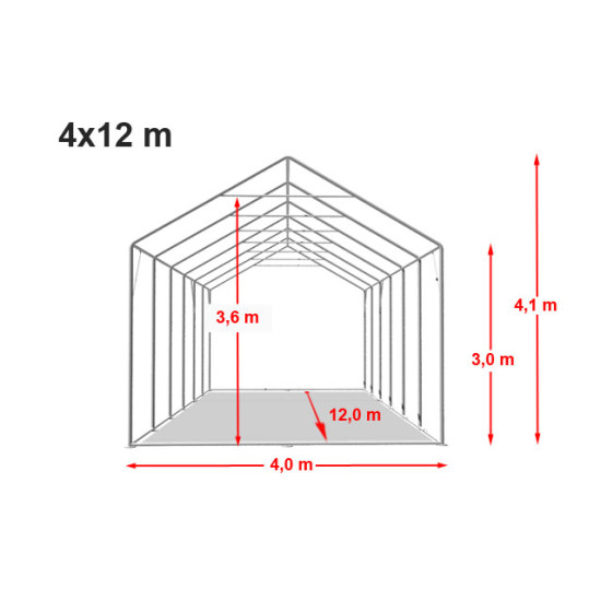 Skladiščni šotor hala 4x12 m - stranska višina 3,0 m z zadrgo, PVC 850